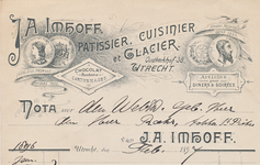 711314 Kop van een nota van J.A. Imhoff, Patissier, Confiseur et Glacier, Oudkerkhof 38 te Utrecht, ten name van de ...